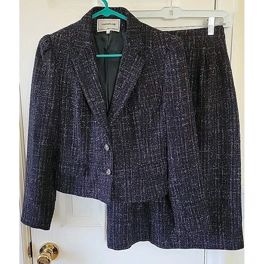 David Benjamin Skirt Suit Size 7 Jacket  5 Skirt Tweed Black Flecked Pockets Vtg